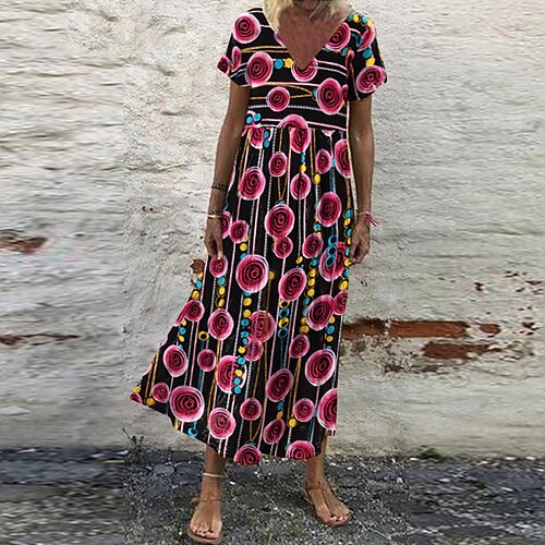 

Women's T Shirt Dress Tee Dress Maxi long Dress Green Black Red Yellow Short Sleeve Floral Print Spring Summer V Neck Casual Vacation Vintage 2022 S M L XL XXL 3XL 4XL 5XL