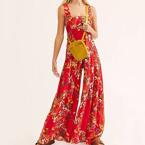 

Women's Jumpsuit Backless Print Floral Square Neck Holiday Street Daily Regular Fit Sleeveless Black Pink Dusty Rose S M L Spring