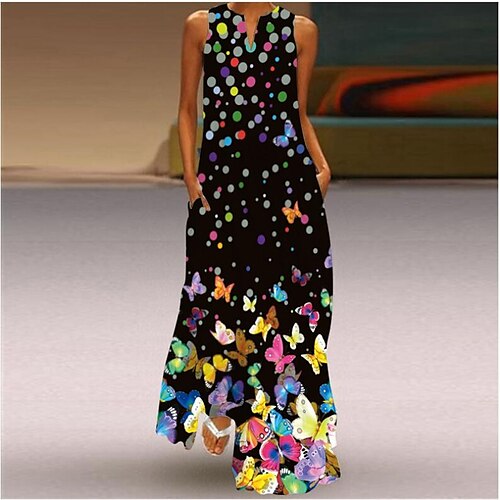 

Women's A Line Dress Maxi long Dress Green White Black Sleeveless Butterfly Print Summer V Neck Elegant 2022 S M L XL XXL 3XL 4XL 5XL