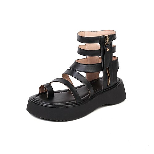 

Women's Sandals Buckle Flat Heel Open Toe Preppy Minimalism Daily PU Leather Zipper Fall Summer Solid Colored Black Ivory