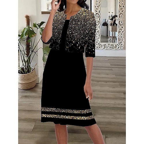 

Women's Dress Set Two Piece Dress Midi Dress Black Short Sleeve Polka Dot Sequins Spring Summer Square Neck 2022 S M L XL XXL 3XL