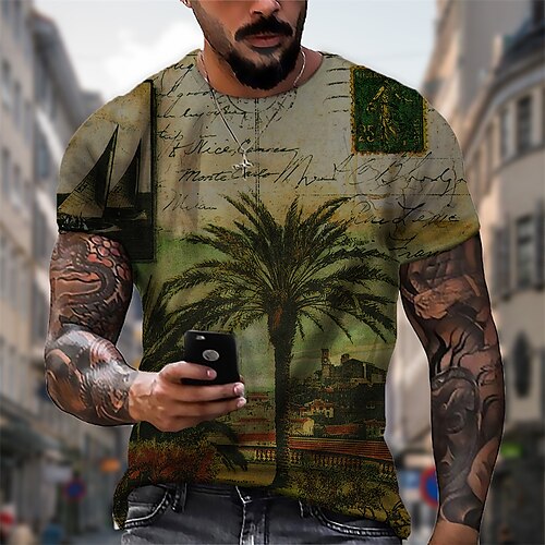 

Men's T shirt 3D Print Graphic Tree Crew Neck Casual Daily Print Short Sleeve Tops Fashion Vintage Designer Big and Tall Army Green