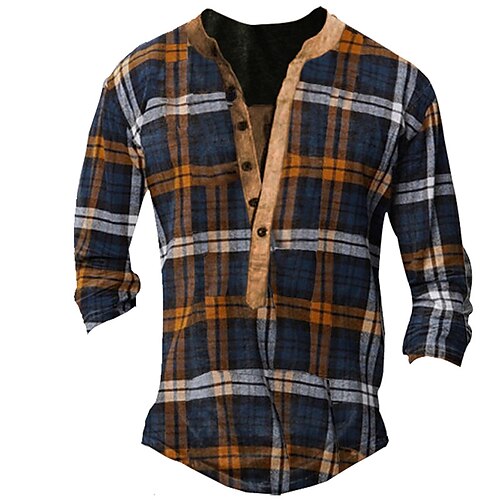 

Men's Henley Shirt T shirt 3D Print Graphic Tartan Henley Street Casual Button-Down Print Long Sleeve Tops Basic Fashion Classic Comfortable Blue