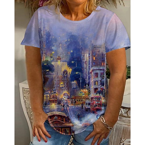 

Women's Plus Size Tops T shirt Floral Scenery Print Short Sleeve Crewneck Streetwear Daily Going out Cotton Spandex Jersey Spring Summer Blue Beige