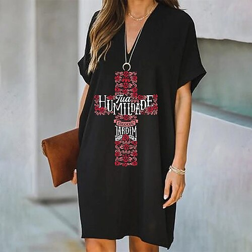 

Women's Shift Dress Knee Length Dress Black Short Sleeve Floral Letter Print Spring Summer V Neck Casual 2022 S M L XL XXL 3XL 4XL 5XL
