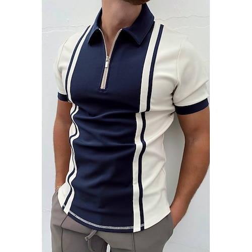 

Men's Golf Shirt Print Color Block Turndown Casual Daily Zipper Print Short Sleeve Tops Casual Fashion Breathable Comfortable Blue Summer Shirt