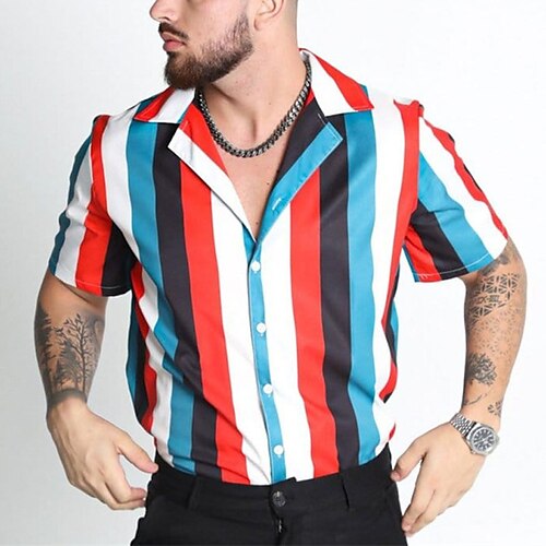 

Men's Shirt Striped Turndown Street Casual Button-Down Print Short Sleeve Tops Casual Fashion Streetwear Cool Gray Red