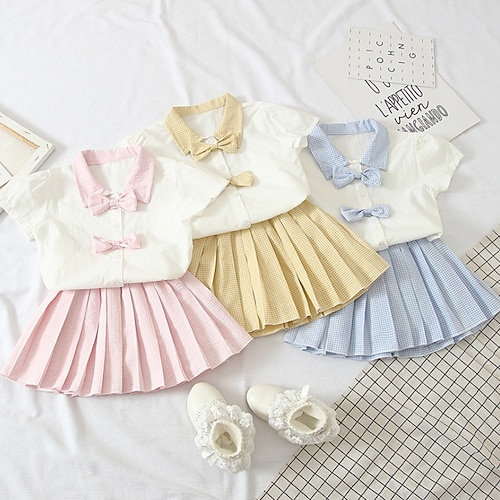 

Kids Girls' Shirt Skirt Clothing Set 2 Pieces Short Sleeve Blue Pink Yellow Plaid Ruched Bow Print Street Outdoor Cute Sweet Regular Above Knee 1-5 Years