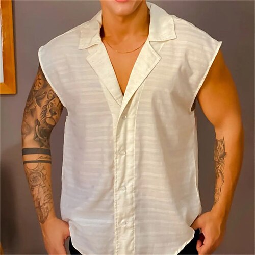 

Men's Shirt Solid Color Turndown Street Casual Button-Down Sleeveless Tops Casual Fashion Breathable Comfortable White