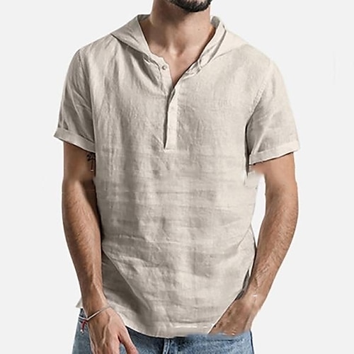 

Men's Shirt Solid Colored Hooded Party Casual Button-Down Short Sleeve Tops Casual Vintage Streetwear White Black Khaki