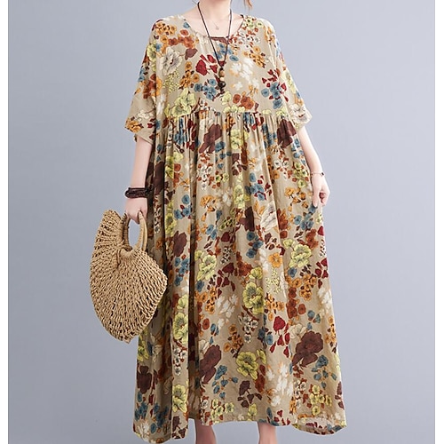 

Women's Shift Dress Maxi long Dress Green Light Brown Orange Yellow Short Sleeve Floral Print Print Summer Crew Neck Vintage Linen One-Size