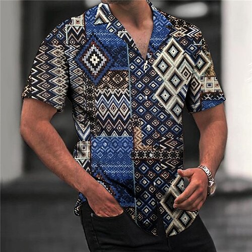 

Men's Shirt Print Color Block Geometry Turndown Street Casual Button-Down Print Short Sleeve Tops Casual Fashion Designer Breathable Blue / Spring / Summer