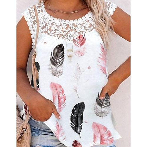 

Women's Plus Size Curve Tops T shirt Floral Polka Dot Lace Print Sleeveless Crewneck Streetwear Daily Vacation Cotton Spring Summer White Blue / Butterfly