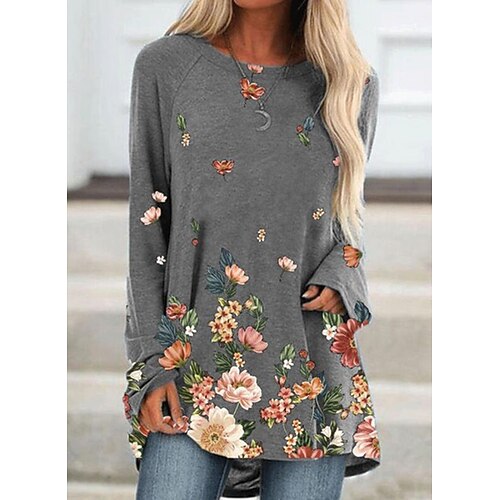 

Women's T Shirt Dress Tee Dress Blue Khaki Gray Long Sleeve Floral Patchwork Fall Spring Crew Neck Winter Dress Fall Dress Loose Fit S M L XL XXL 3XL 4XL