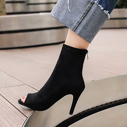 

Women's Boots Summer Boots Booties Ankle Boots Stiletto Heel Peep Toe Casual Party Suede Zipper Fall Summer Solid Colored Almond Black / Booties / Ankle Boots