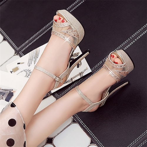 

Femme Sandales du quotidien Eté Strass Talon Aiguille Bout ouvert Minimalisme Cuir PU Boucle Couleur Pleine Argent Dorée