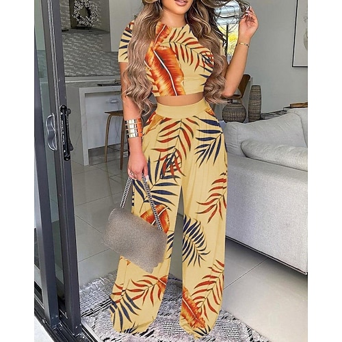 

Women's Blouse Pants Sets Basic Boho Streetwear Light Khaki Pink Prom Daily Wear Date Floral Print Round Neck Bell bottoms S M L XL 2XL