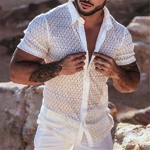 

Men's Shirt Solid Color Turndown Street Casual Button-Down Short Sleeve Tops Fashion Classic Comfortable Big and Tall White / Summer