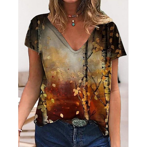 

Women's Floral Theme Butterfly Painting T shirt Floral Butterfly Print V Neck Basic Tops Green Blue White / 3D Print