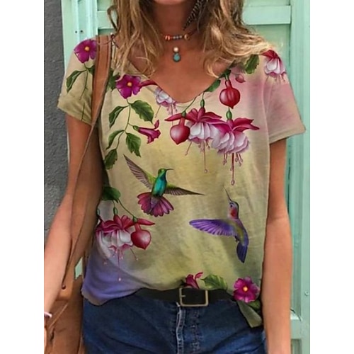

Women's Floral Theme T shirt Floral Graphic Flower Print V Neck Basic Tops Green Blue Light Green / 3D Print
