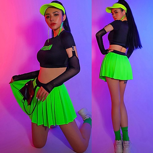 

Women's Kpop Dancer DJ Dancing Party Jazz Polyester Black and Green Top Skirt