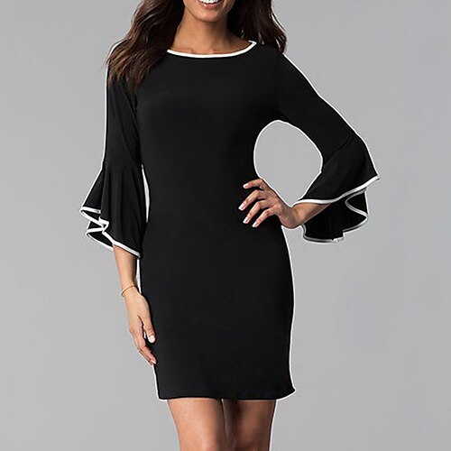 

Women's Bodycon Sheath Dress Black 3/4 Length Sleeve Pure Color Ruffle Winter Fall Autumn Crew Neck Modern Slim 2022 S M L XL XXL