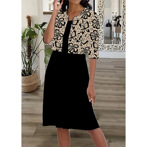 

Women's Dress Set Two Piece Dress Midi Dress Black Short Sleeve Floral Print Spring Summer Crew Neck 2022 S M L XL XXL 3XL