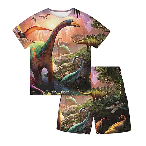 

2 Pieces Kids Boys T-shirt & Shorts Clothing Set Outfit Animal Dinosaur Short Sleeve Print Set Outdoor Sports Fashion Cool Spring Summer 3-13 Years Black Blue Brown
