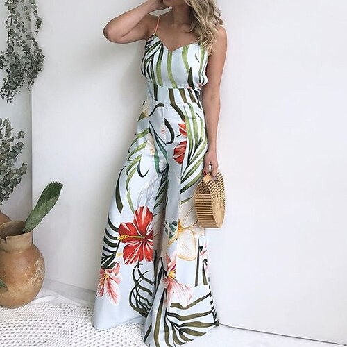 

Women's Jumpsuit Backless Print Floral V Neck Holiday Street Vacation Regular Fit Sleeveless White S M L Spring