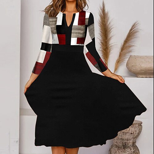 

Women's A Line Dress Knee Length Dress Black 3/4 Length Sleeve Geometric Print Spring Summer V Neck Elegant Casual Modern Loose 2022 S M L XL