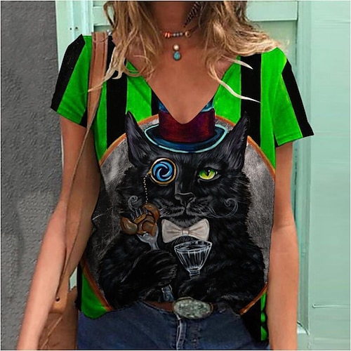 

Women's T shirt Tee Green Yellow Light Green Animal Cat Print Short Sleeve Casual Weekend Basic V Neck Regular Cat Painting S / Dog / 3D Print