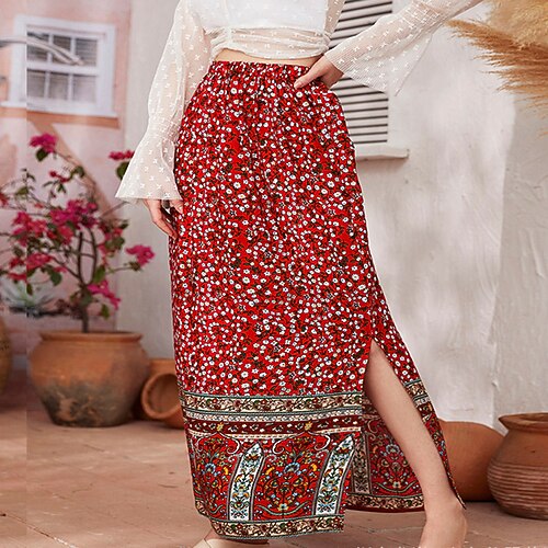 

Women's Fashion Skirts Holiday Vacation Floral / Botanical Split Red S M L
