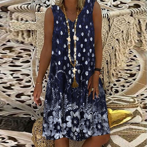 

Women's Shift Dress Short Mini Dress Blue Sleeveless Floral Print Spring Summer V Neck Casual Vacation 2022 S M L XL XXL 3XL