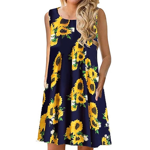 

Femme Robe Évasée Sans Manches Printemps Eté Poche Imprimer Floral Col Ras du Cou 2022 Moins de 10 Vert Noir Jaune Vin bleu marine Bleu clair S M L XL XXL 3XL