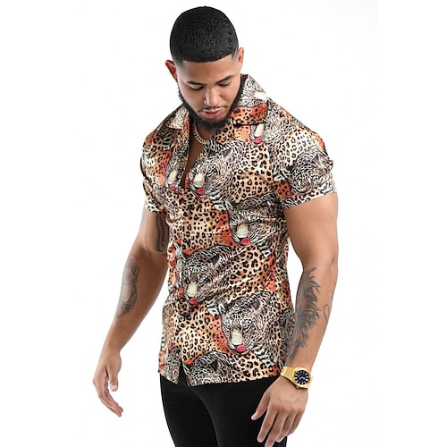 

Men's Shirt 3D Print Graphic Leopard Tiger Turndown Street Casual Button-Down Print Short Sleeve Tops Casual Fashion Designer Breathable Gold