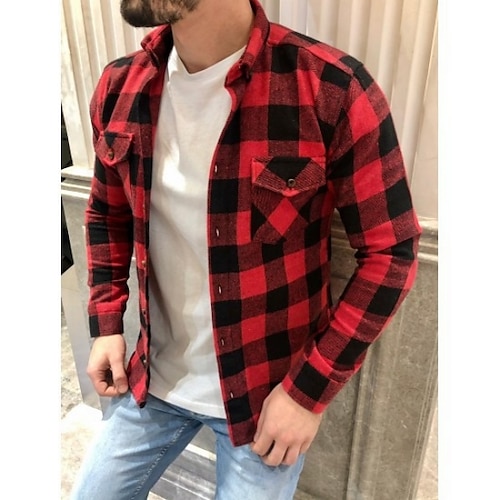

Men's Flannel Shirt Shirt Jacket Shacket Casual Shirt Plaid / Check Lattice Turndown Blue Red White Outdoor Street Long Sleeve Button-Down Clothing Apparel Fashion Casual Breathable Comfortable