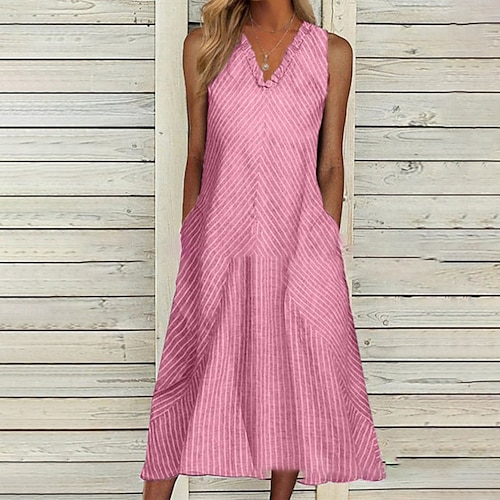 

Women's Swing Dress Midi Dress Gray Pink Sleeveless Striped Pocket Spring Summer V Neck Casual 2022 S M L XL XXL