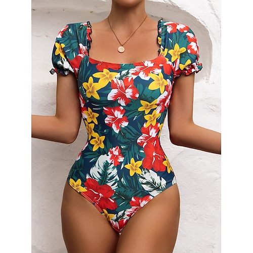 

Damen Badeanzug Ein Stück Monokini Badeanzüge Normal Bademode Bauchkontrolle Rückenfrei Puffärmel Bedruckt Blumen Blatt Grün Gelb Rote Badeanzüge neu Alltag Urlaub / Modern / nette Art