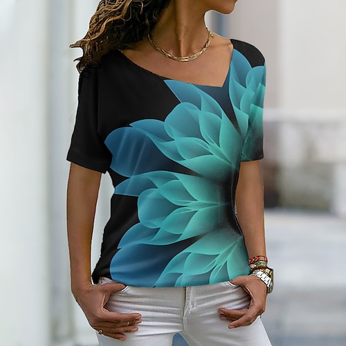 

Women's 3D Printed Geometric Painting T shirt Geometric 3D Print V Neck Basic Tops Green Blue Pink