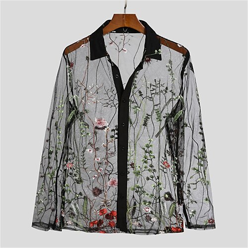 

Men's Shirt Floral Graphic Turndown Street Casual Embroidered Button-Down Long Sleeve Tops Casual Fashion Breathable Comfortable Black