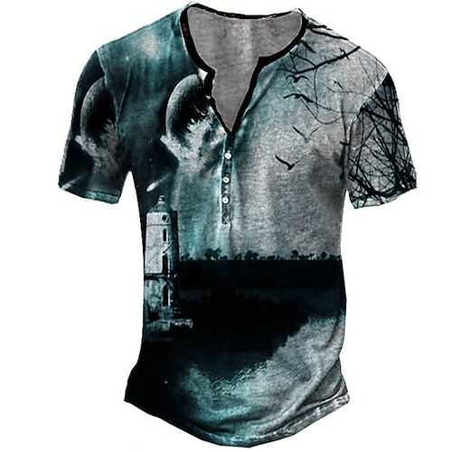 

Men's Henley Shirt T shirt 3D Print Graphic Tree Henley Street Casual Button-Down Print Short Sleeve Tops Basic Fashion Classic Comfortable Blue