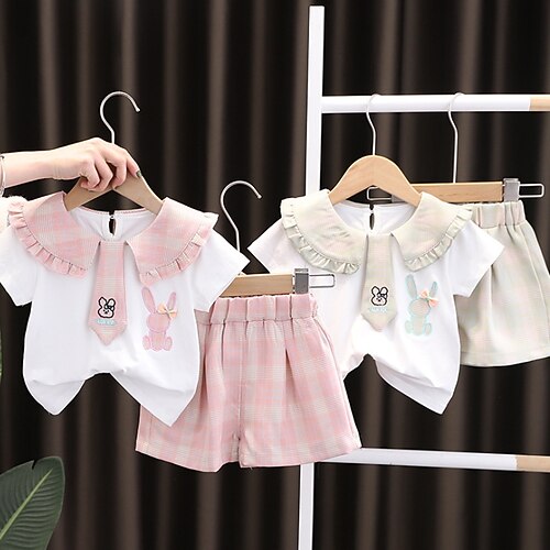 

Kids Girls' T-shirt Shorts Clothing Set 2 Pieces Short Sleeve Gray Pink Plaid Rabbit Animal Ruched Print Street Outdoor Cute Sweet Regular 1-5 Years