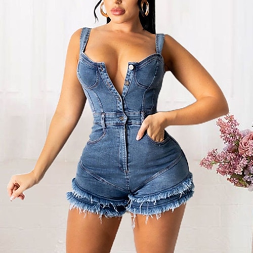 

Women's Romper Backless Button Solid Color Square Neck Sexy Street Daily Regular Fit Sleeveless Blue S M L Spring