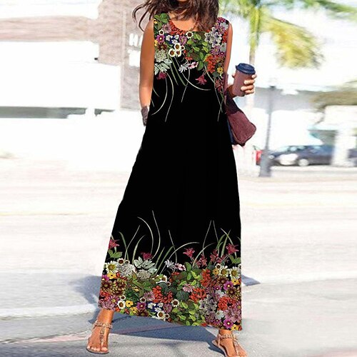 

Women's A Line Dress Maxi long Dress Black Sleeveless Floral Pocket Print Spring Summer Round Neck Stylish Casual Vacation 2022 S M L XL XXL 3XL