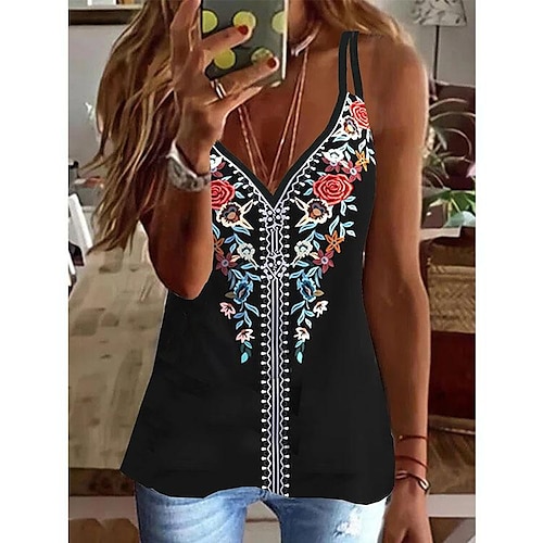 

Damen Tank Top Weinrot Schwarz Weiß Blumen Bedruckt Ärmellos Casual Festtage Basic V Ausschnitt Standard Blume S