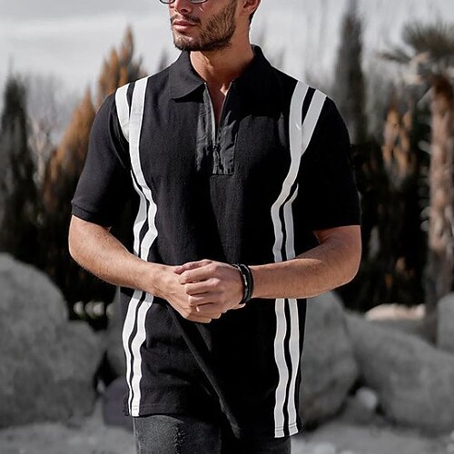 

Men's Shirt Striped Turndown Street Casual Zipper Short Sleeve Tops Fashion Classic Comfortable Big and Tall Black