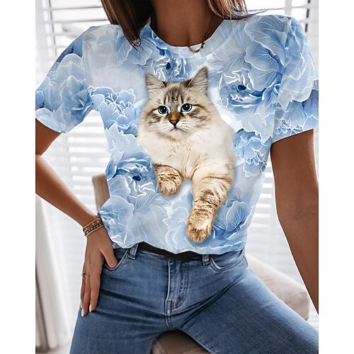 

Mujer Camiseta Rosa Azul Piscina Morado Floral Gato Estampado Manga Corta Casual Festivos Básico Escote Redondo Regular Flor Gato 3D Pintura S