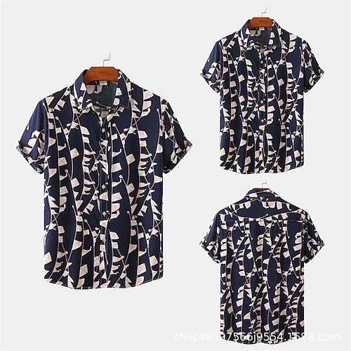 

Men's Shirt 3D Print Graphic Geometric Turndown Casual Daily Button-Down Print Short Sleeve Tops Fashion Classic Breathable Comfortable Navy Blue