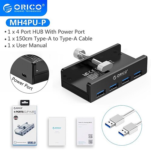

ORICO Aluminum 4 Ports USB HUB 3.0 with Power Port Super Speed Expansion 5GBPS Data Transfer Suitable for Laptops
