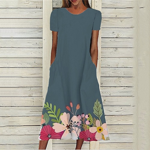 

Mujer Vestido Midi Azul Piscina Manga Corta Floral Bolsillo Primavera Verano Cuello Barco Moderno 2022 S M L XL XXL 3XL
